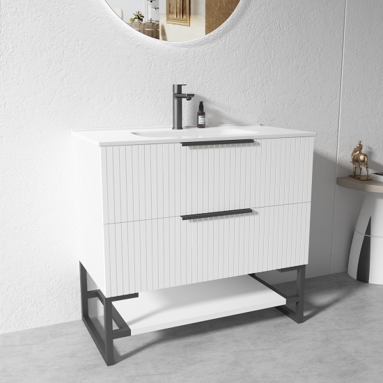 3D-2W 900x450x850mm White Floor Standing Plywood Vanity with Stainless Black Frame Leg And Shelf